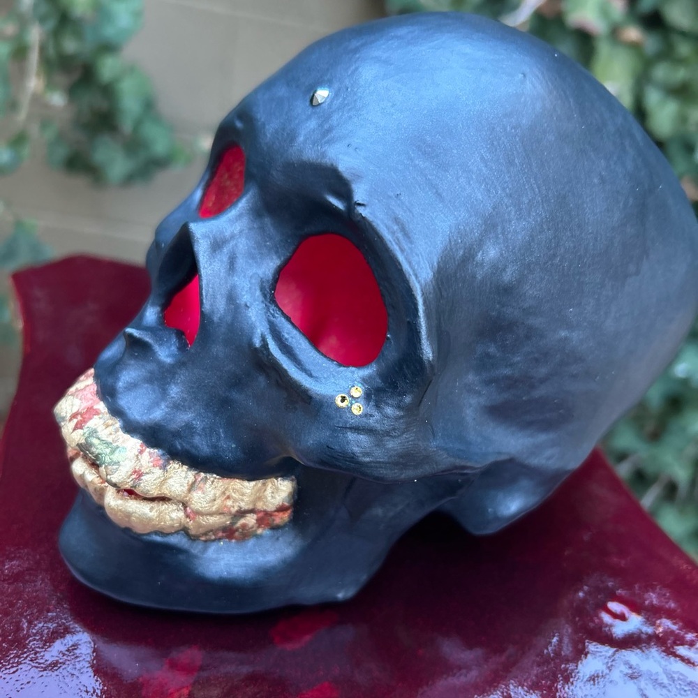 Black and neon pink Handmade Ceramic Skull Art Decor
